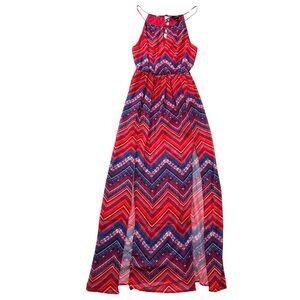 Forever 21 Dress Halter Maxi Elastic Waistband Lined Chevron Red Blue Size Small